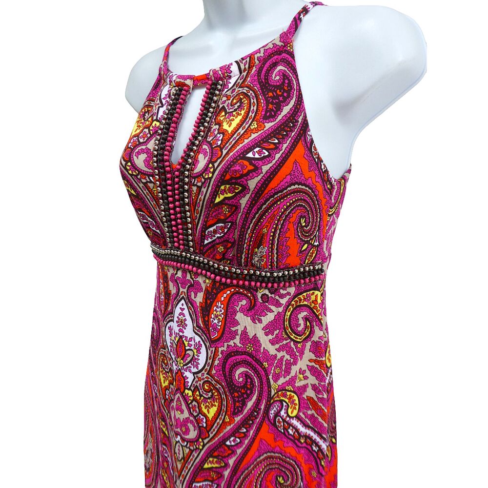 Dress the Population Maxi Dress Beaded Peekable Keyhole Paisley Empire Waist XS